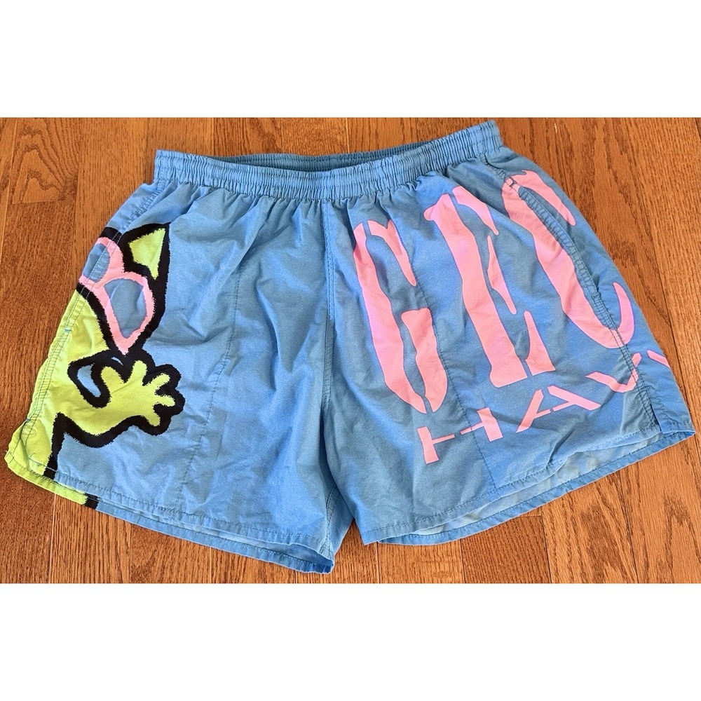 Gecko Hawaii Wrap Shorts Mens Large  Blue Neon Gecko Swim Trunks Retro Surf